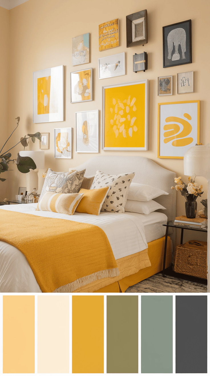A cheerful yellow and neutral bedroom featuring vibrant artwork and cozy decor.