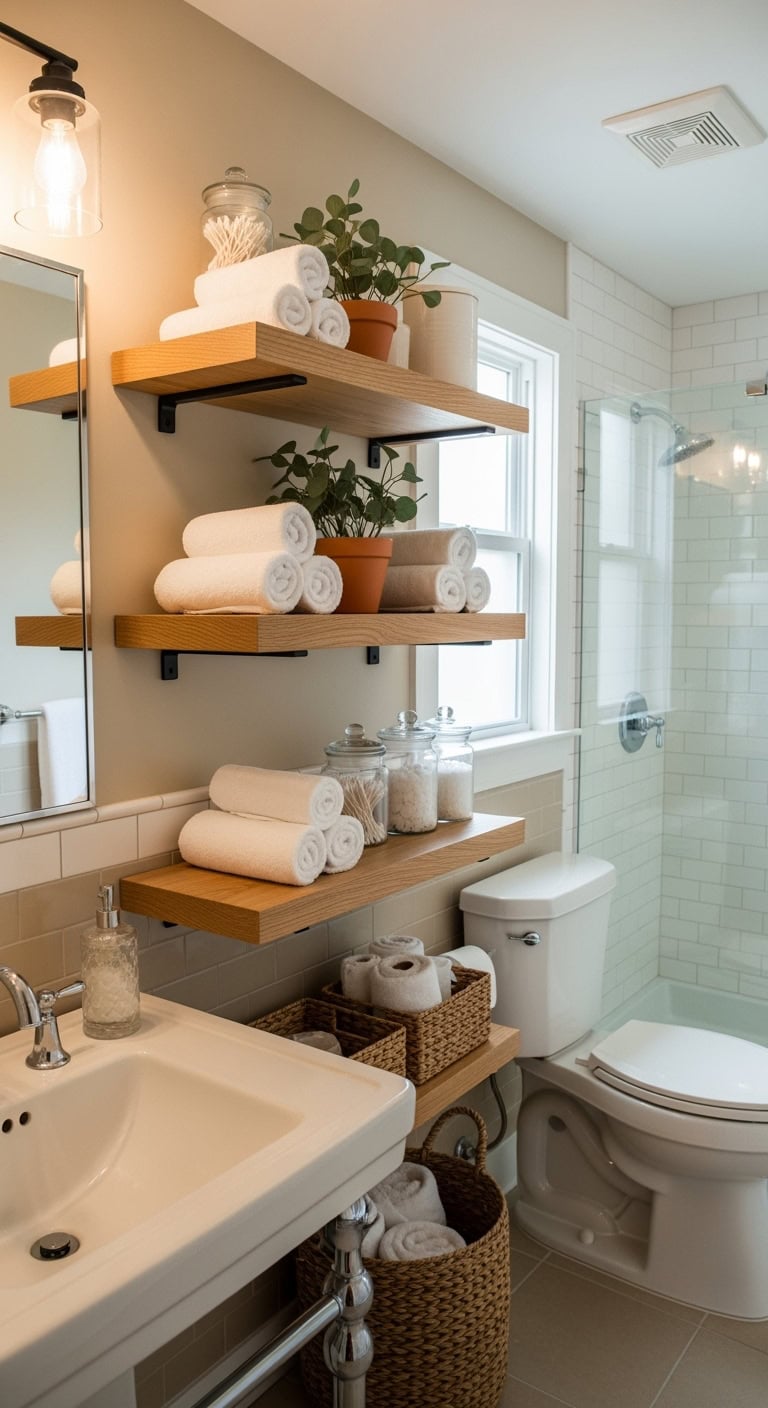 minimalist natural wood bathroom shelving