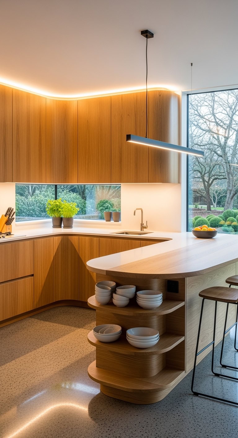 sculptural curved warm organic kitchen