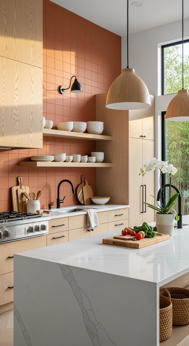 japandi terracotta backsplash kitchen tranquility