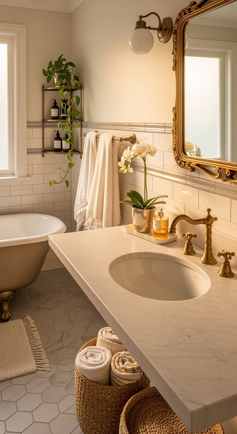 luxurious vintage brass bathroom styling