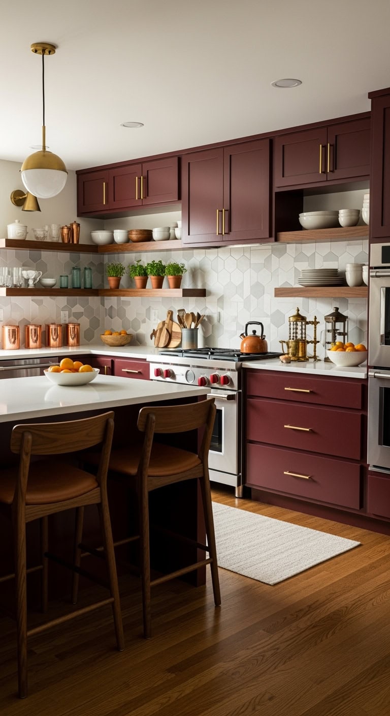 burgundy midcentury kitchen elegance