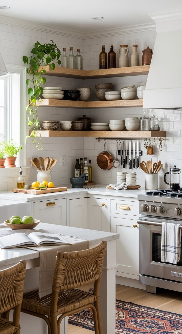 elegant floating white oak shelving
