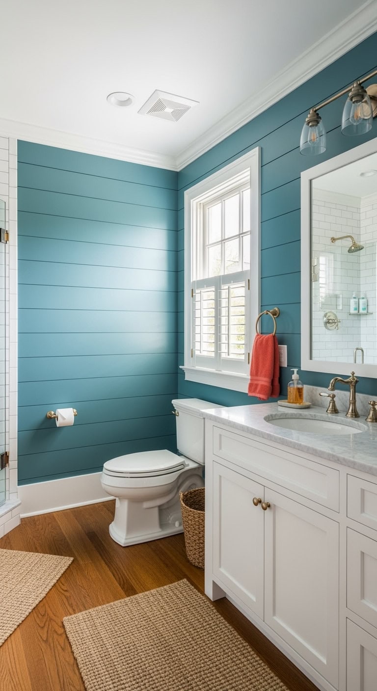 teal shiplap beach house bathroom