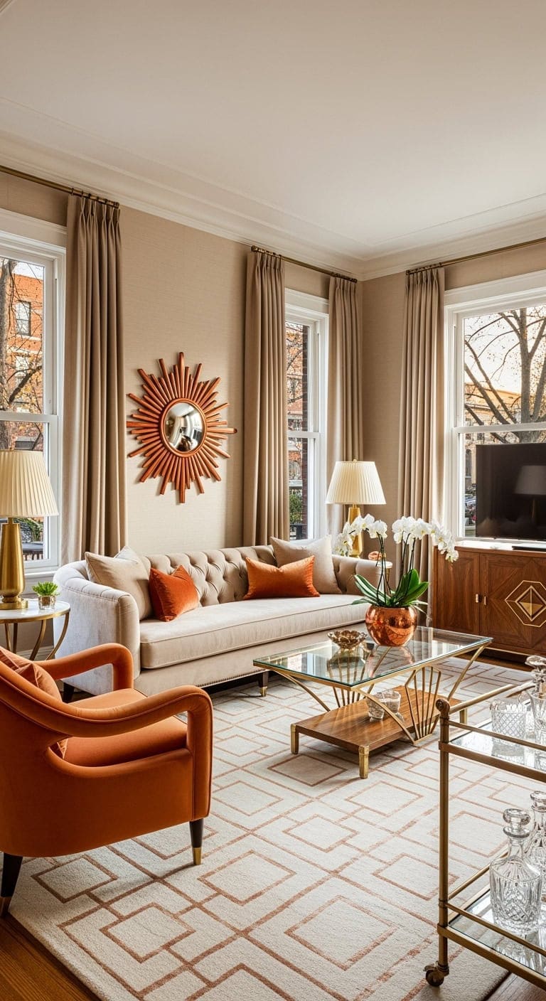 beige velvet copper art deco