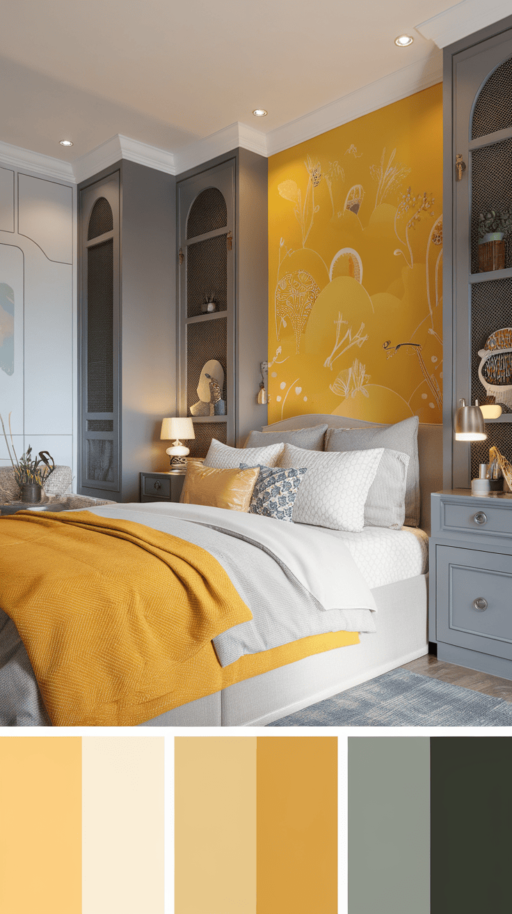 A cozy bedroom featuring whimsical yellow artwork on the wall.