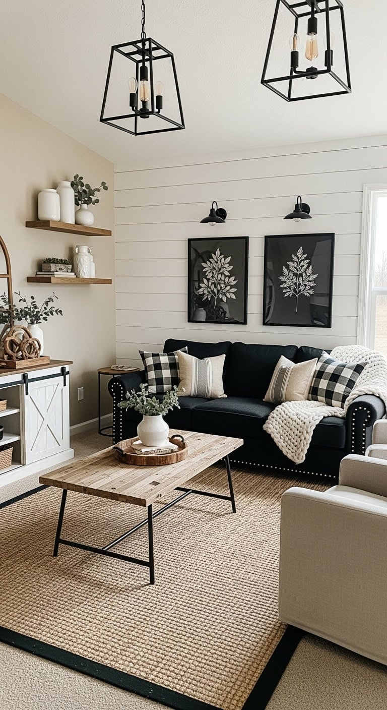 black sofa white shiplap
