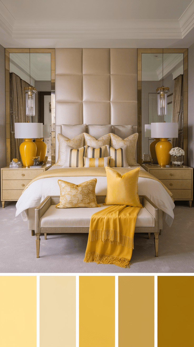 A stylish bedroom featuring various yellow accessories including pillows, a throw blanket, and decorative vases.