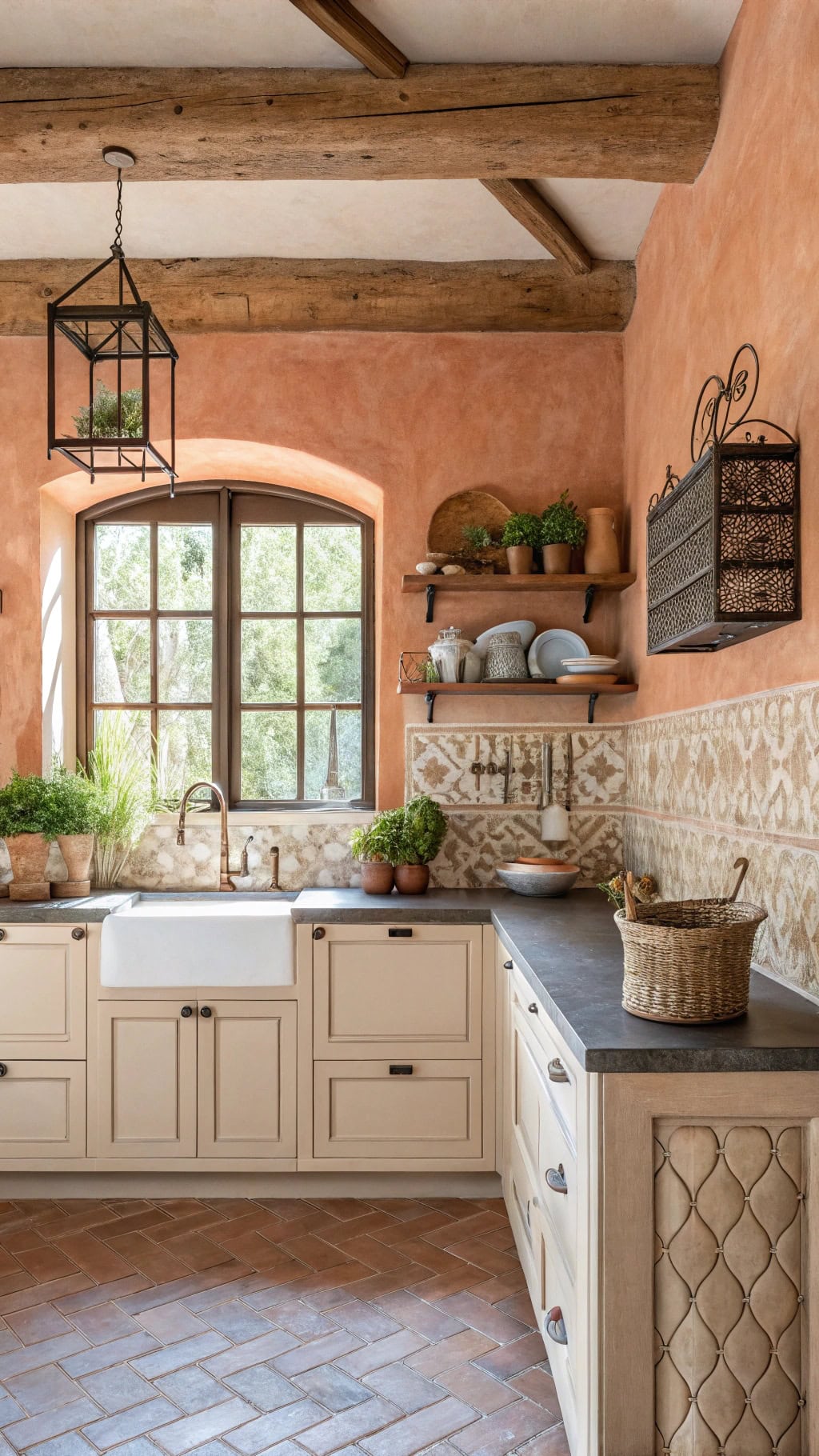 coral stucco mediterranean kitchen