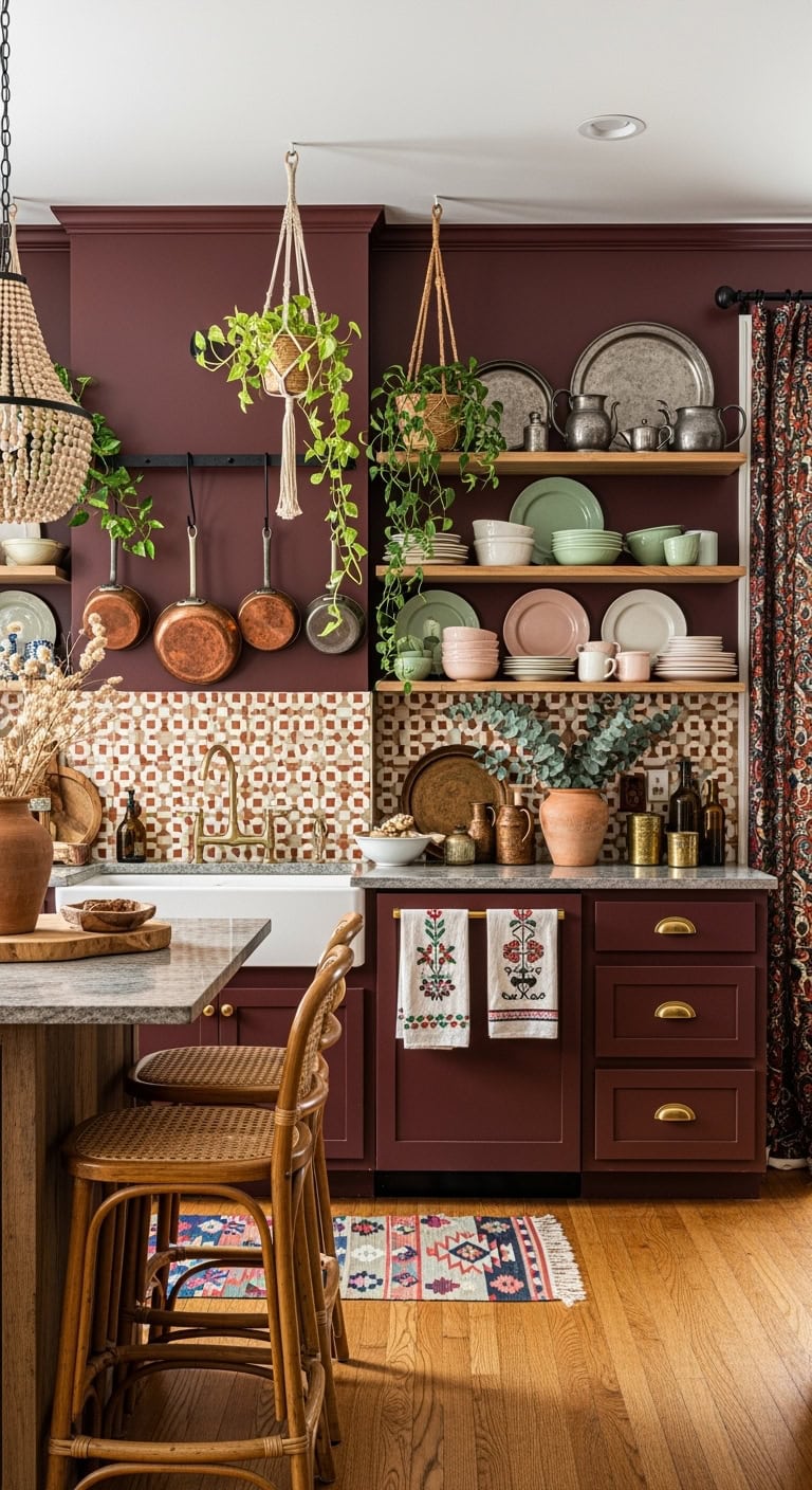 bohemian kitchen with burgundy