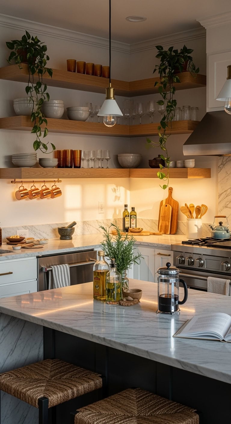 warm functional curated scandinavian open shelving