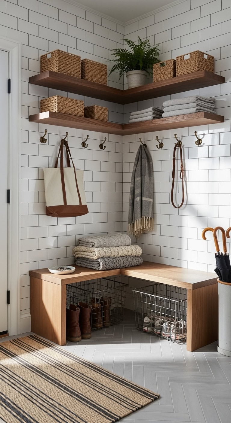 organized protected mudroom with subway tiles