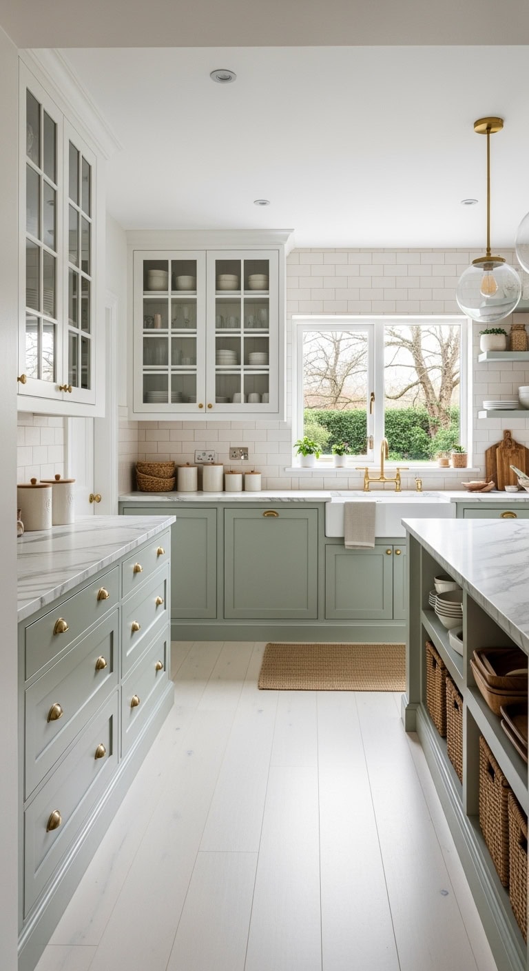 transitional kitchen with glass front cabinetry