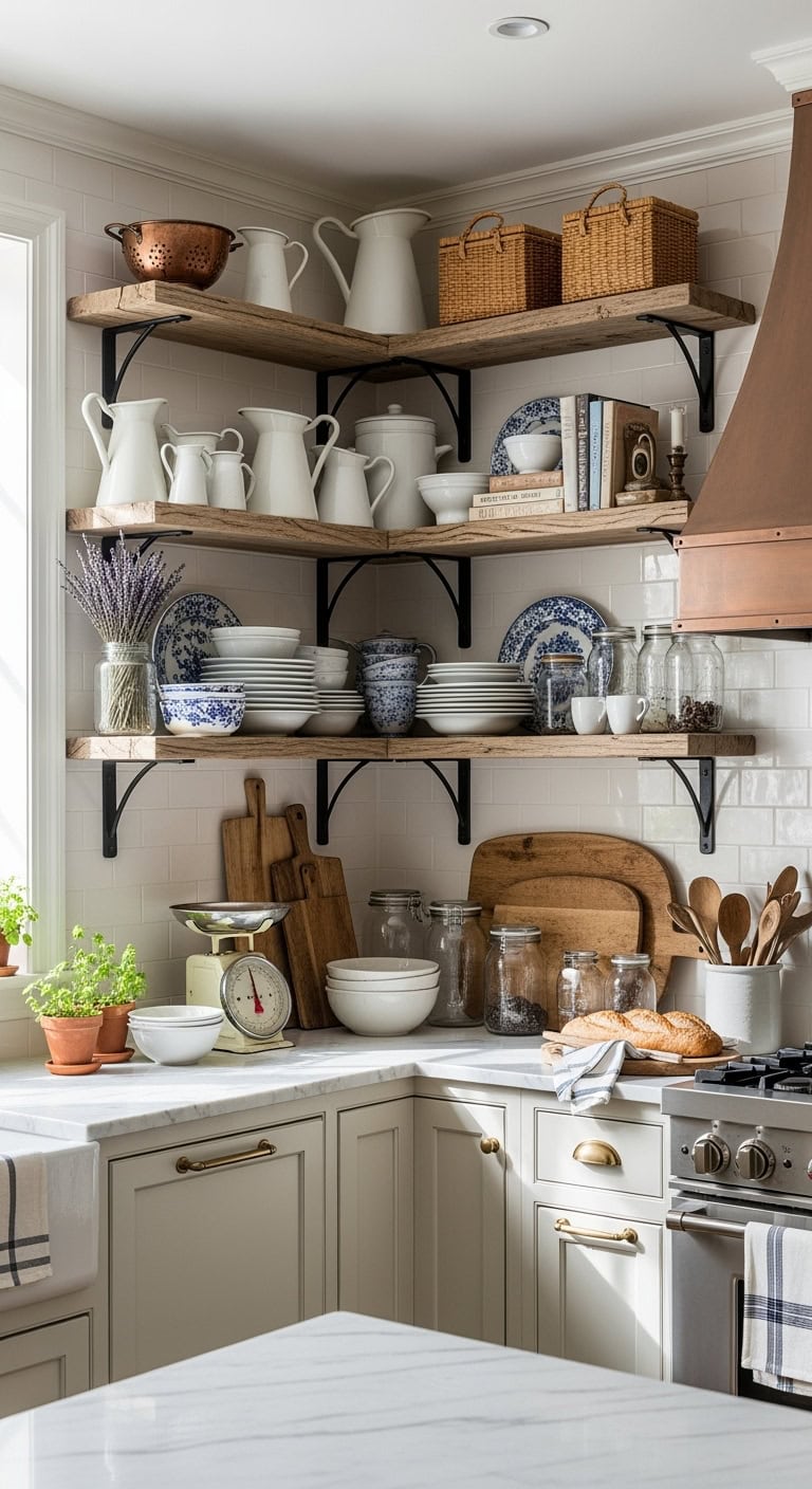 rustic charming lived in open shelving display