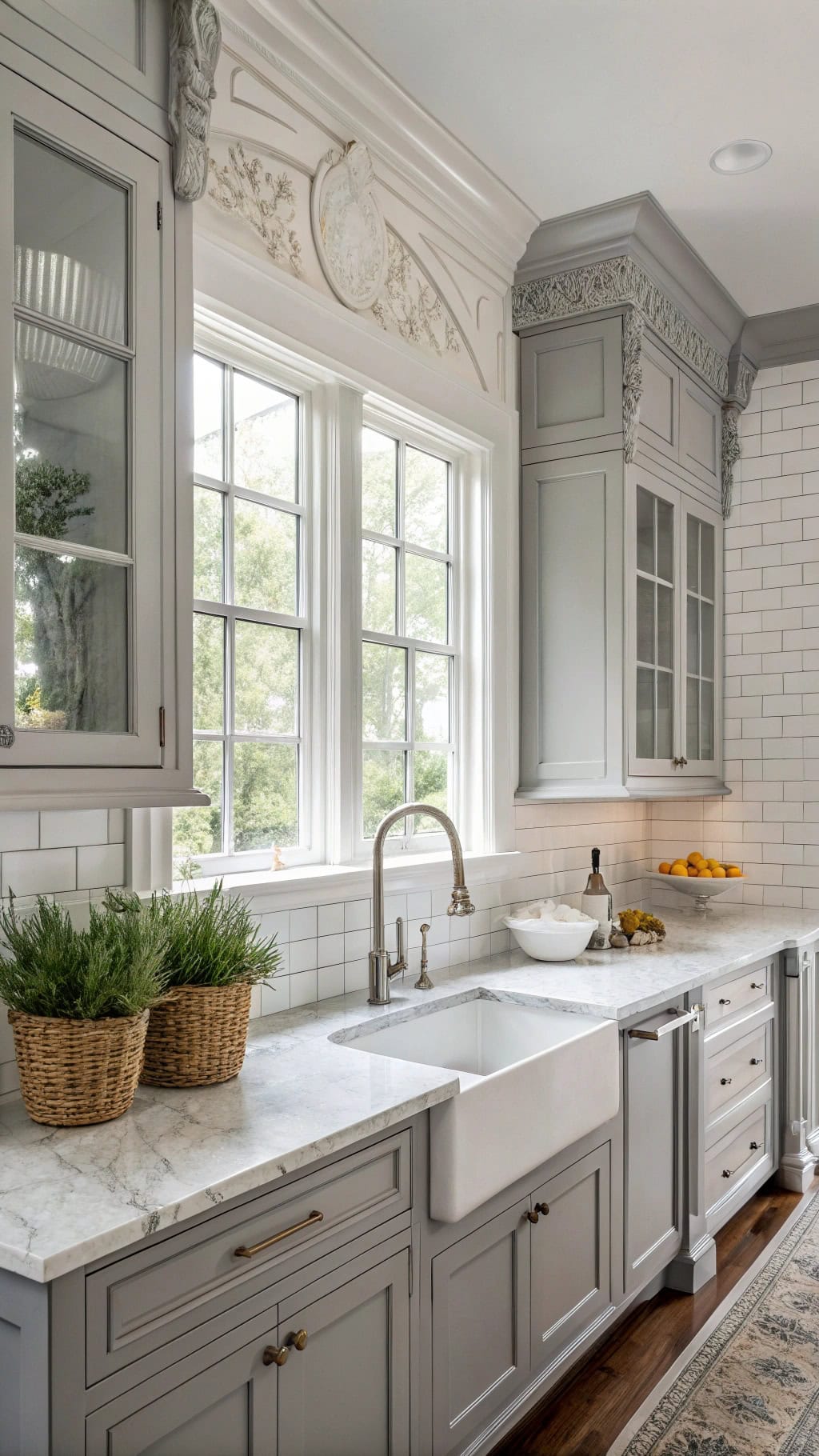 crown molding enhances gray cabinets