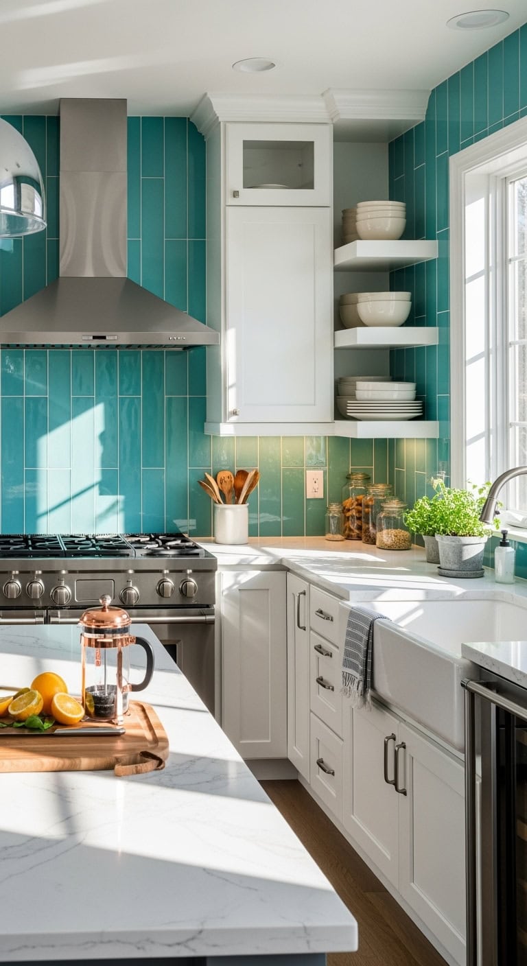 bright luxurious turquoise glass backsplash