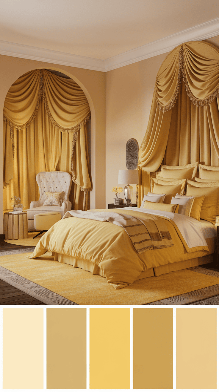 A beautifully decorated bedroom featuring yellow textiles, including curtains, bedding, and a rug.