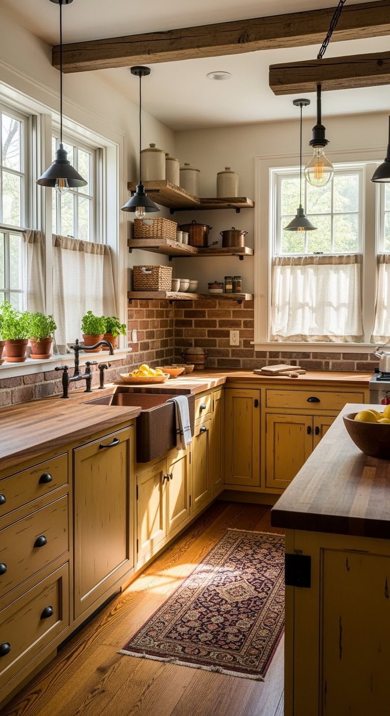 cozy rustic mustard kitchen