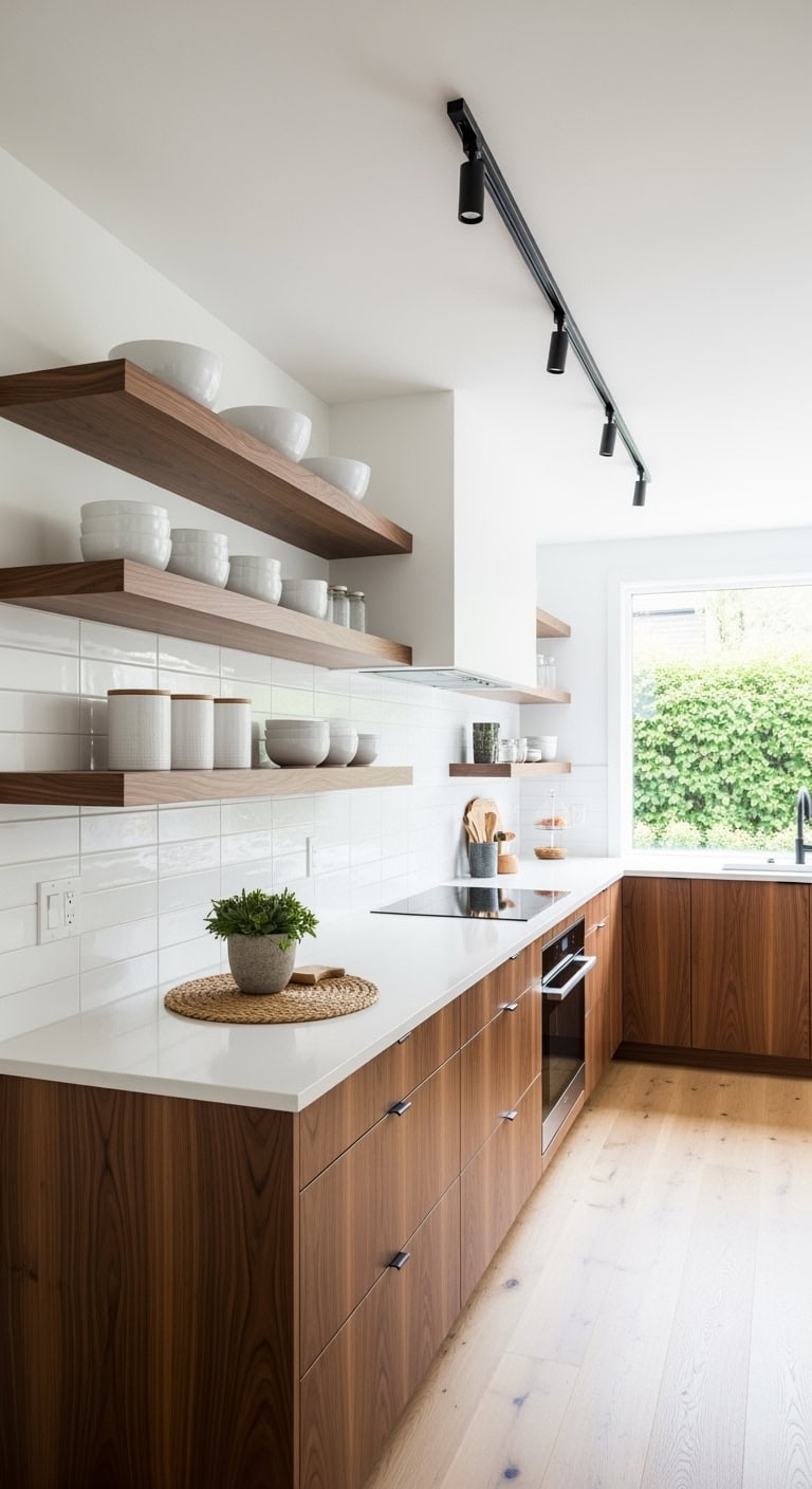 floating walnut shelves styling