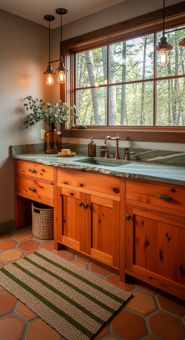 weathered orange wood bathroom