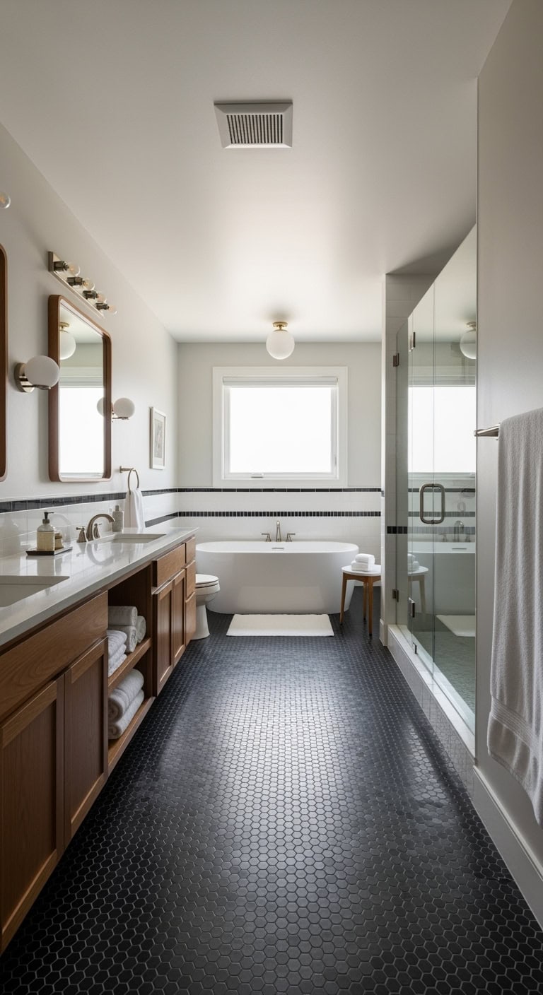 mid century modern walnut bathroom