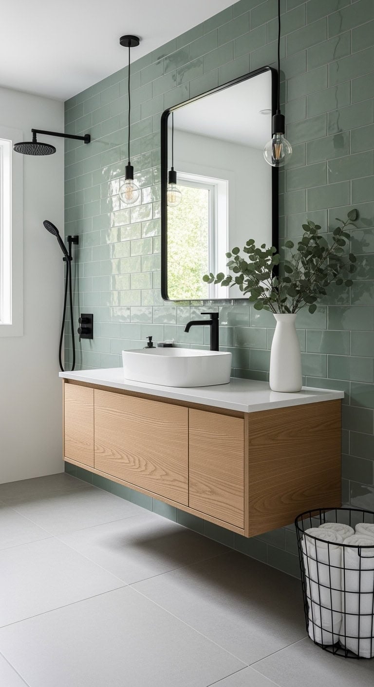 sage green minimalist bathroom vignette