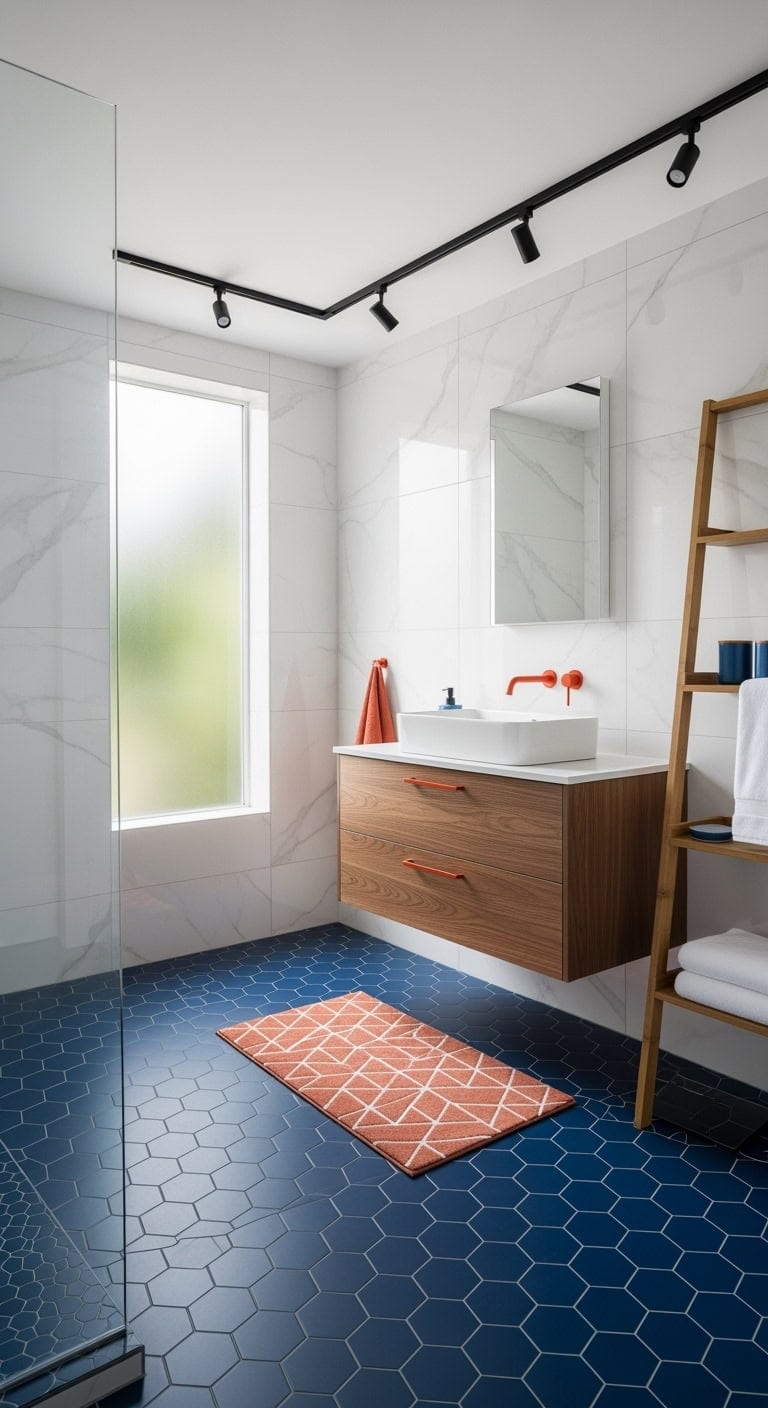 geometric blue and orange fixtures
