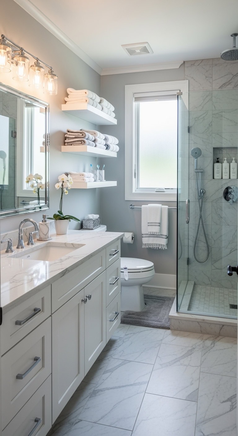 transitional marble gray chrome bathroom