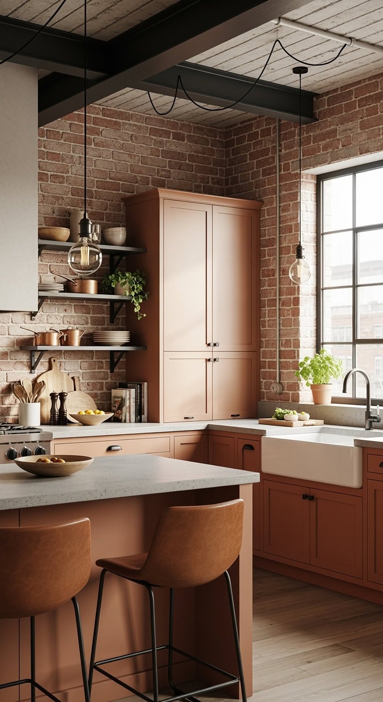 peach cabinets soften industrial spaces