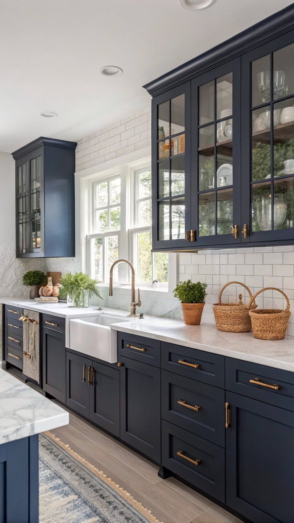 sleek navy cabinetry features