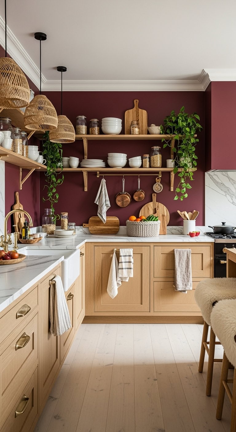 cozy scandinavian burgundy kitchen