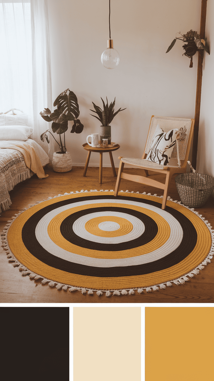 A stylish layered rug featuring black, white, and yellow concentric circles in a cozy living space.