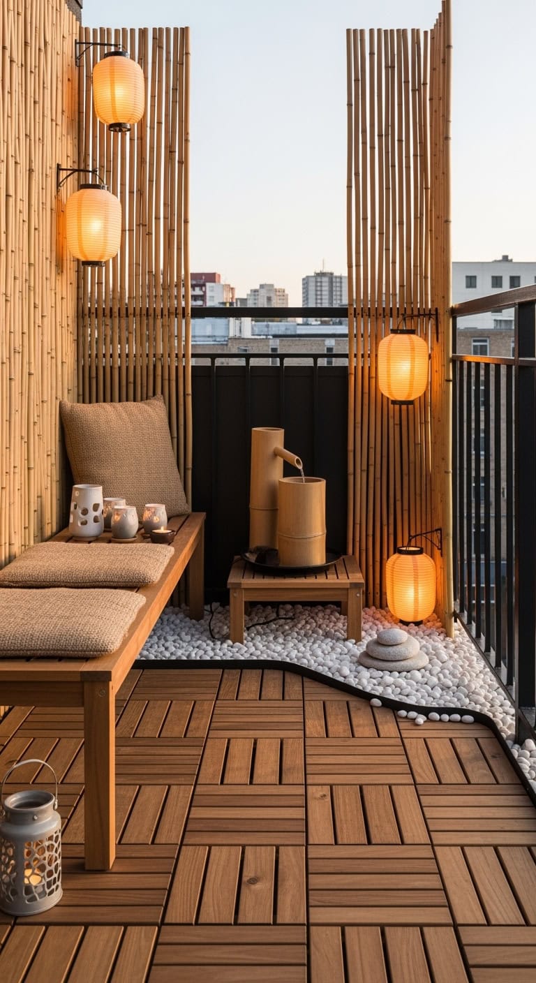 minimal bamboo pebble balcony
