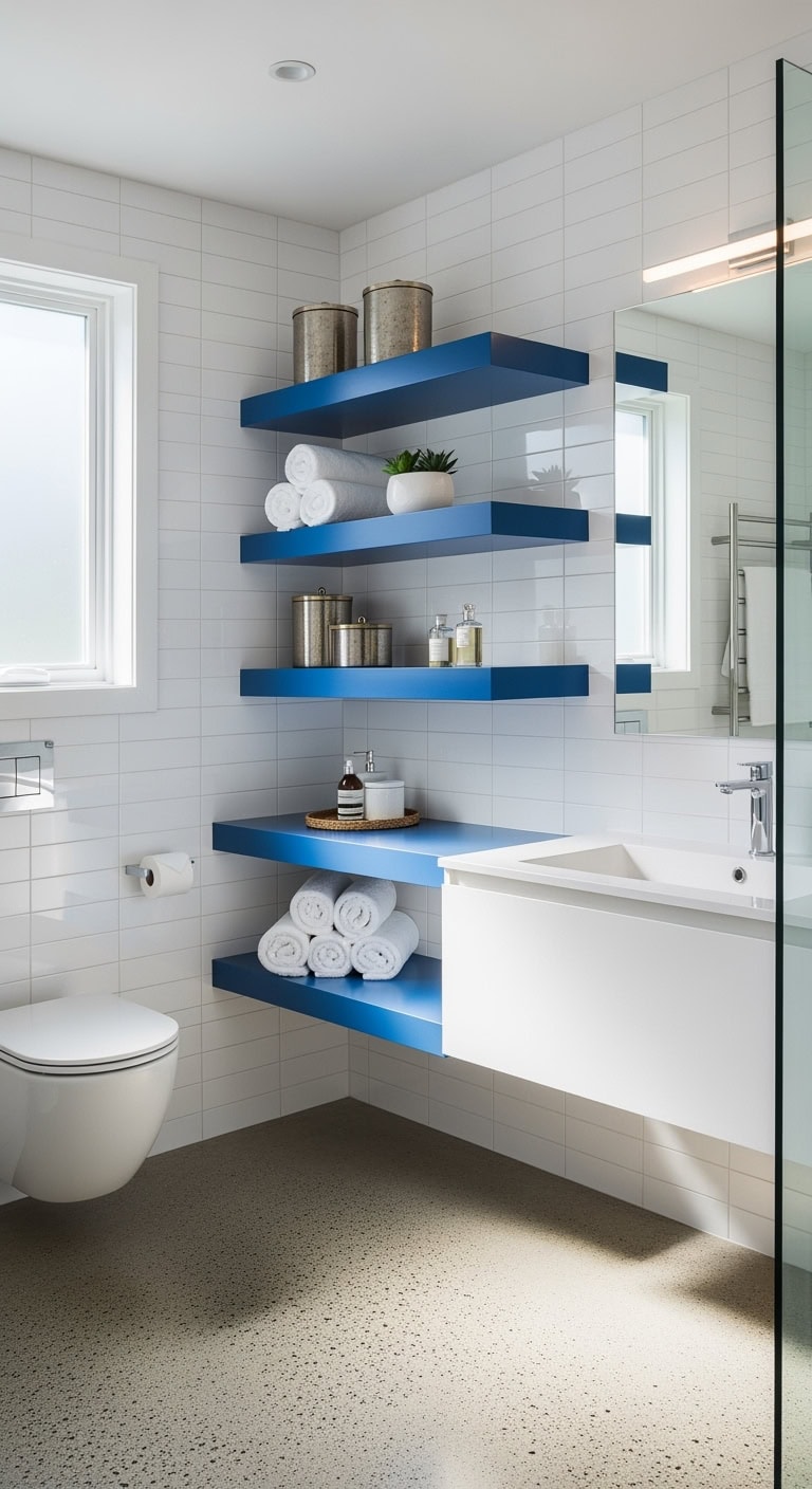 colorful spa like eclectic bathroom shelving