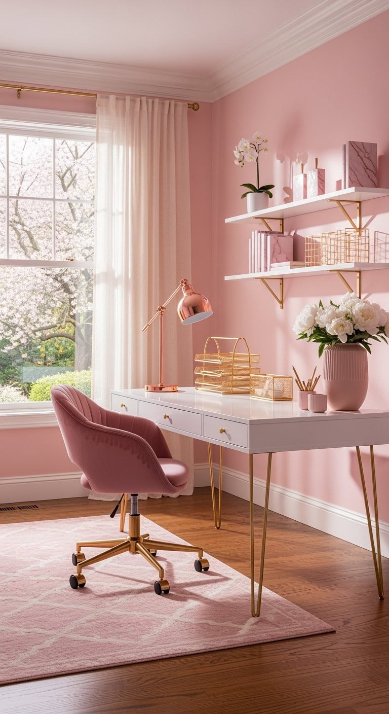 blush pink workspace with gold