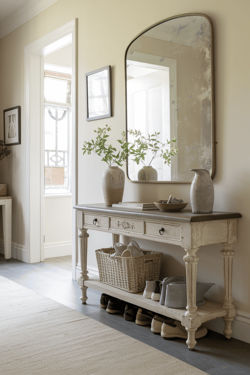 A vintage console table in a mudroom hallway, featuring a large mirror, vases with greenery, and neatly organized shoes.