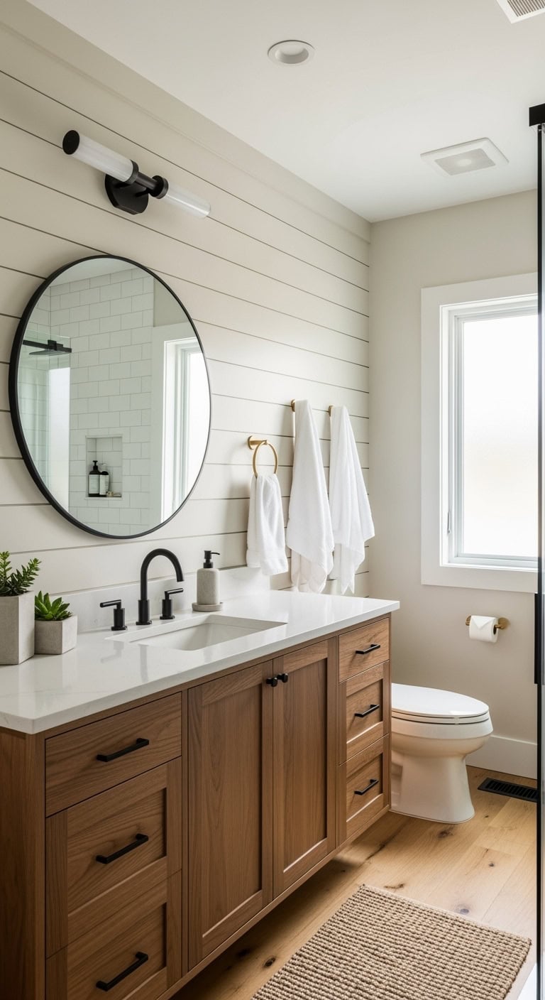farmhouse beige shiplap bathroom accents
