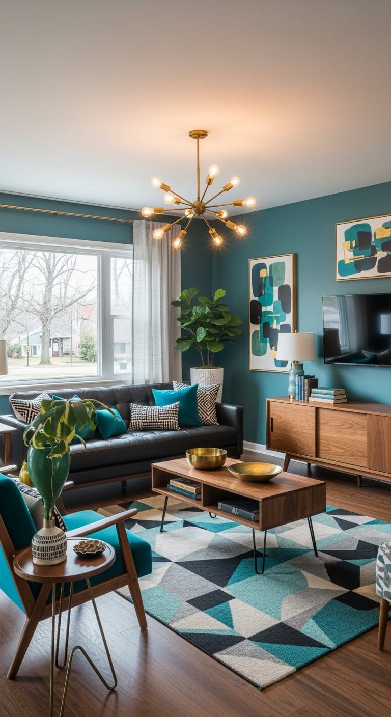 mid century teal and walnut