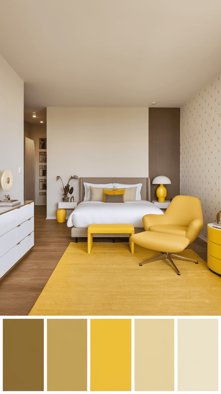 A stylish primary apartment bedroom featuring yellow furniture accents, including a chair and decorative items.