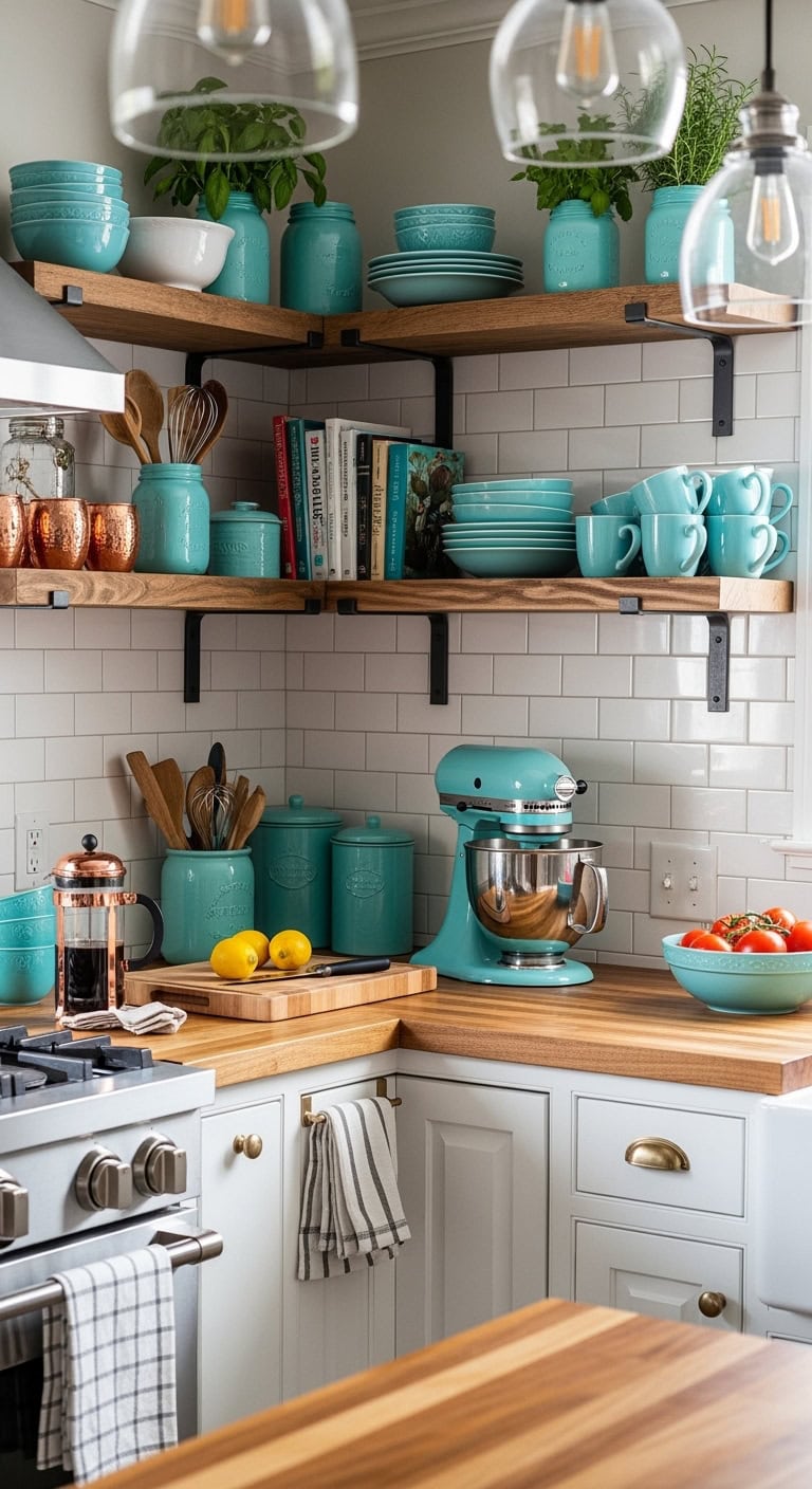 curated turquoise open shelving displays