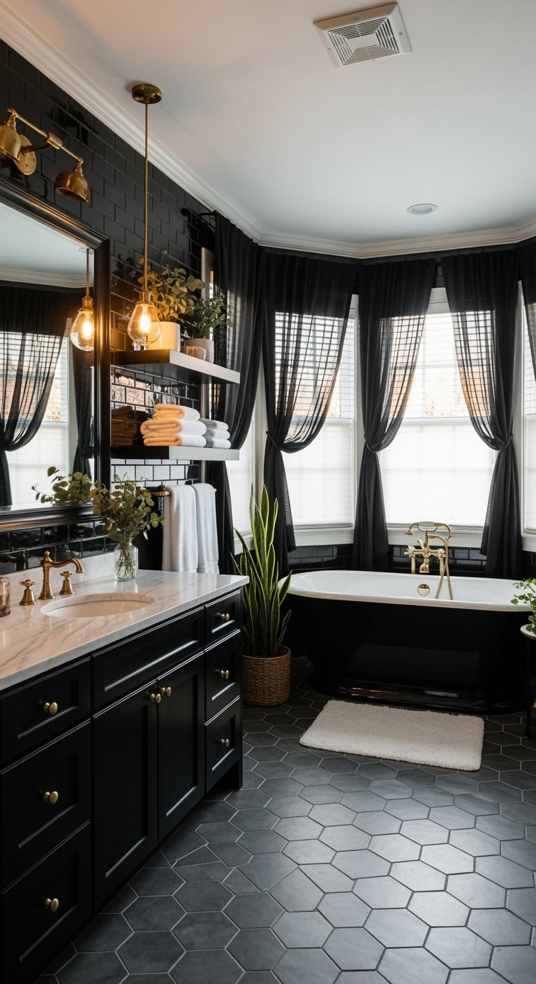 sophisticated black bathroom window treatments