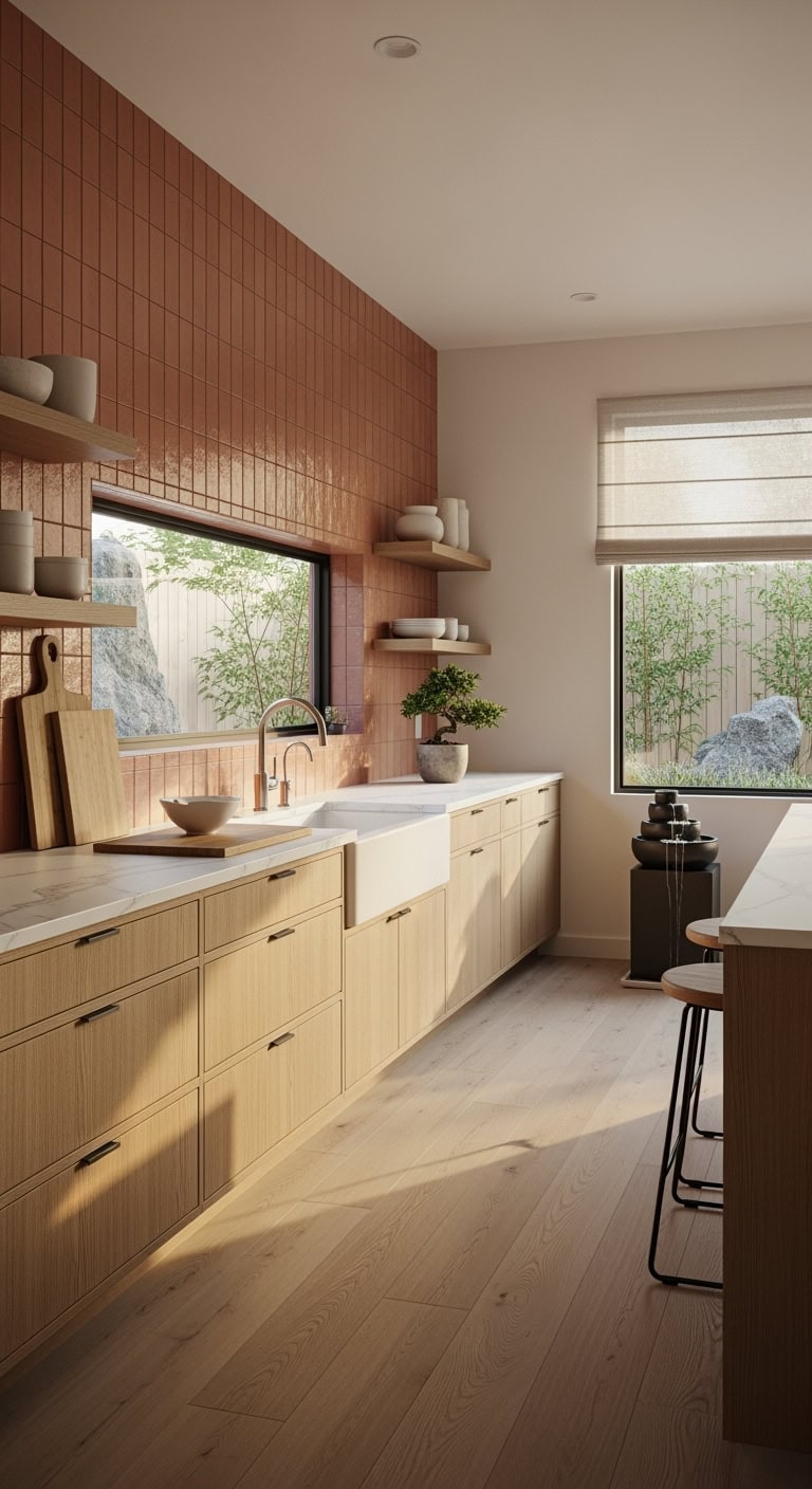 zen terracotta backsplash kitchen retreat