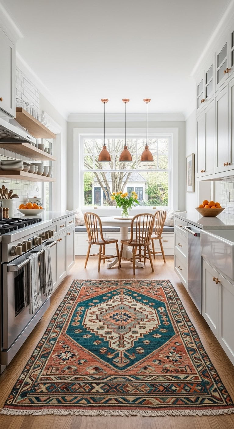 colorful vintage rug anchors space