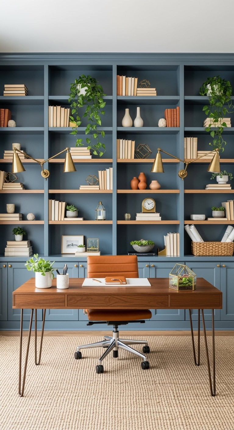 sophisticated and cozy slate blue bookshelf