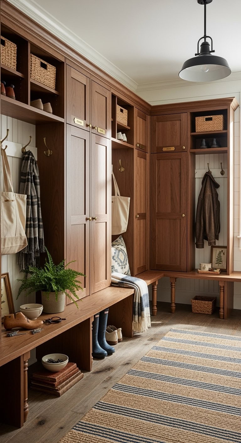 cozy rustic charming wooden mudroom lockers