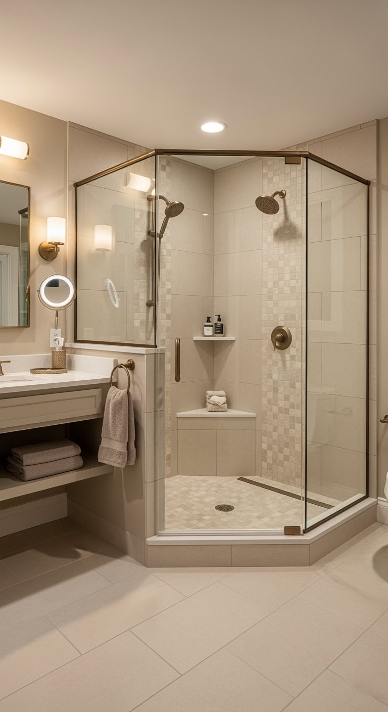seamless beige curbless wheelchair friendly shower