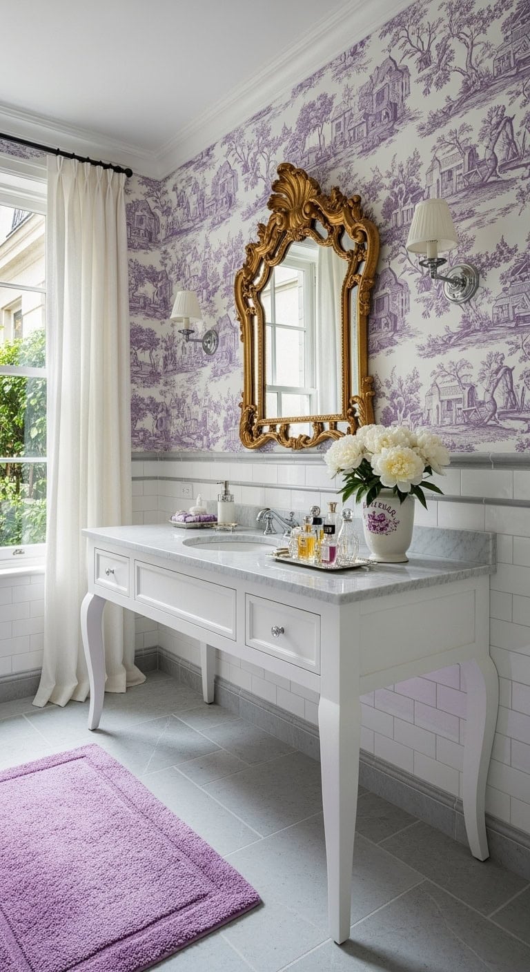 romantic lilac toile bathroom