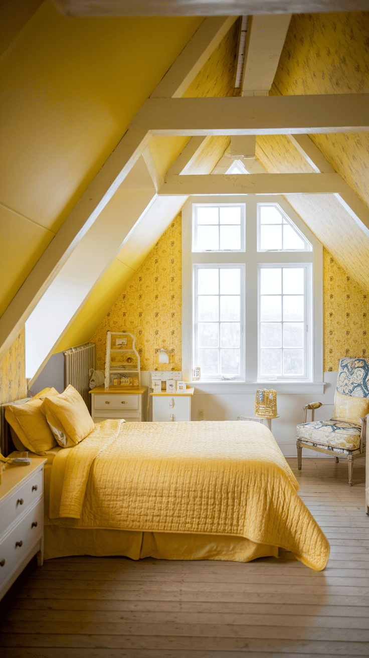 A bright yellow attic bedroom featuring sunlight streaming through large windows.