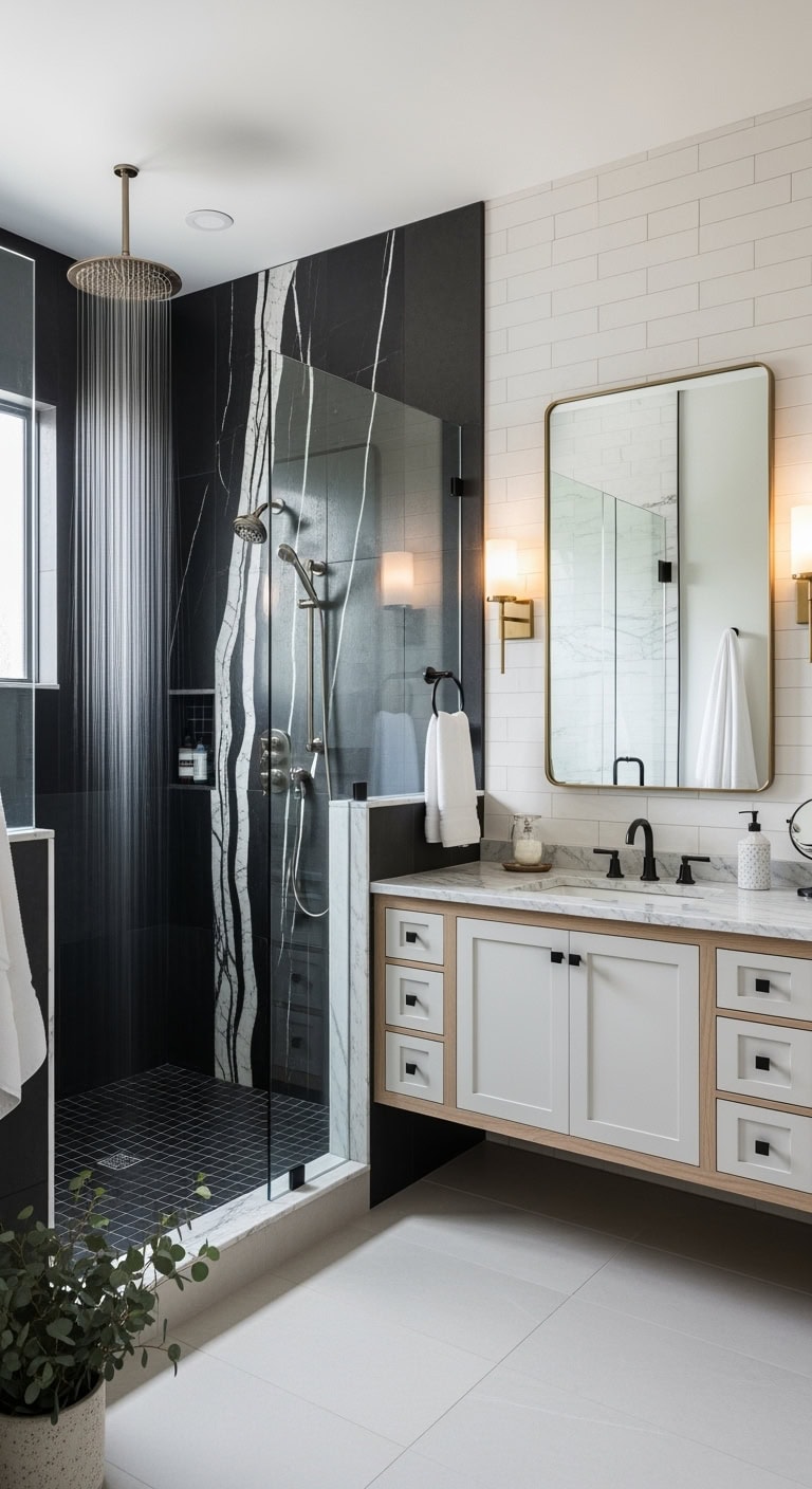dramatic yet balanced bathroom design