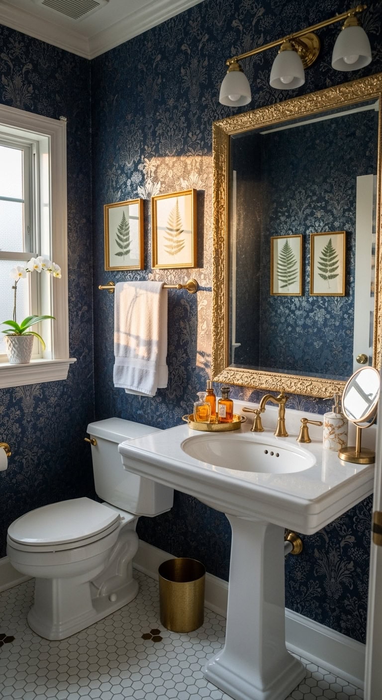 sophisticated navy and gold bathroom